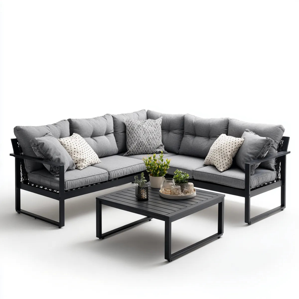 Sofa ogrodowa, 5-częściowa kanapa narożna na taras Czarna szary z pokrytą proszkiem stalową ramą i poduszką poliestrową 220 x B 220 x 78 cm
