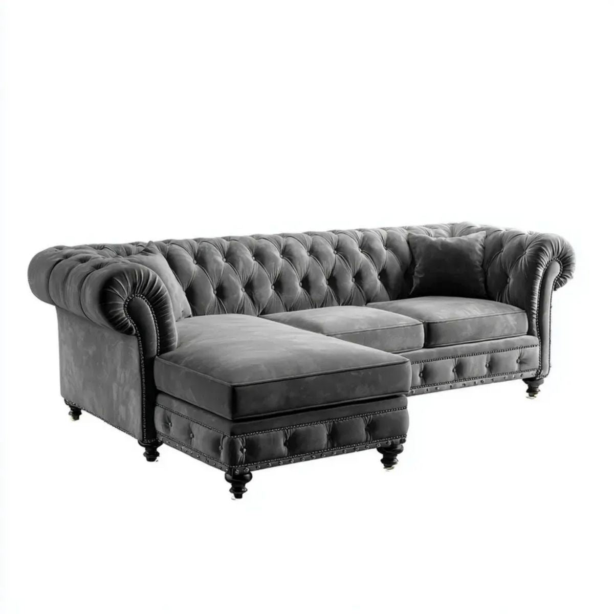 Sofa, Chesterfield 4 Sofa z lewym szezlongiem w poliestrze Belivelvet szary antracyt, 300 x 180 x 78 cm